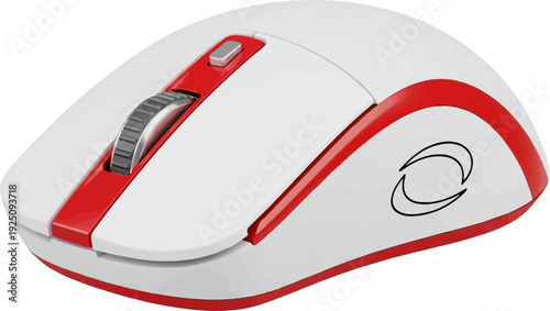 Sleek white computer mouse with red accents and a clickable scroll wheel