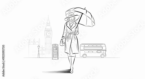 Fashionable woman with umbrella on street with iconic London landmarks