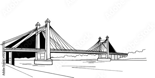 Stylized pen-and-ink sketch of a cable-stayed bridge spanning a calm body of water