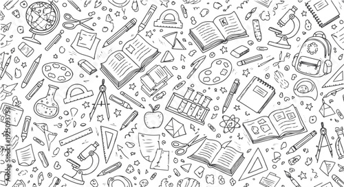 Back to school doodle seamless pattern. Hand drawn background with school supplies and creative elements. Vector illustration