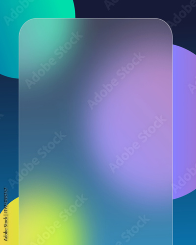 Glassy Frosted Panel with Vibrant Gradient Circles on Dark Blue Background