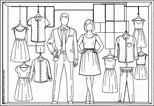 Fashion display with mannequins and hanging apparel in a store window