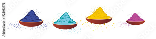 Vibrant colorful gulal powder dyes in clay bowls for the Indian Holi festival celebration.