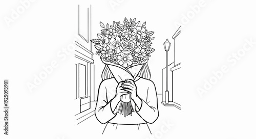 Person with head replaced by a bouquet of flowers on a street