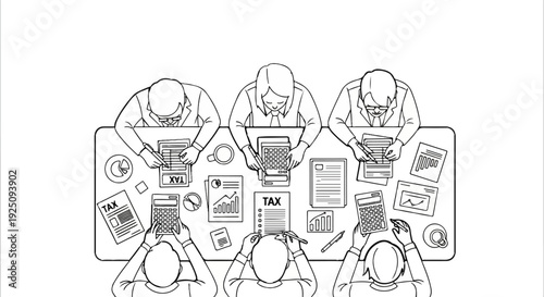 Overhead view of people working at a table with tax documents and calculators