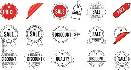 Collection of sale, discount, and price tags with stars and ribbons