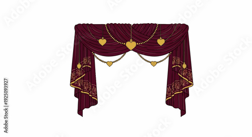 Ornate burgundy drapery with golden heart ornaments and patterned trim