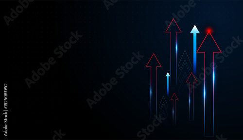 The Glowing arrows rise across a dark grid, symbolizing digital transformation in technology, finance, and business growth. and Bold red and blue arrows extend upward
