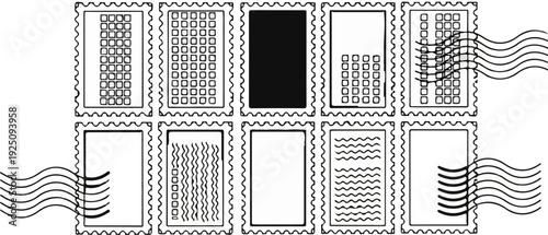Collection of postage stamps with various patterns and wavy lines