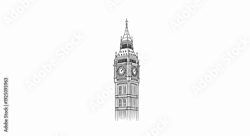 Hand-drawn sketch of a tall, ornate clock tower with multiple levels and a spire