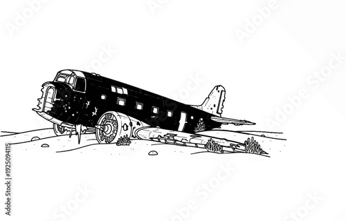 An abandoned vintage airplane rests in a desolate, dry environment