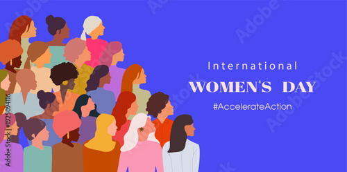 Happy Women's day. March 8, International Women's day card with women. Woman silhouette head isolated. Flat design. The power is in women.