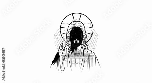 Stylized depiction of a divine figure with a halo and wings, superimposed over a monument