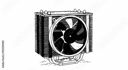Stylized illustration of a computer CPU cooler with fan and heat sink