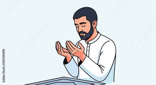 Devout Muslim Man Making Dua Supplication with Hands Raised in Prayer