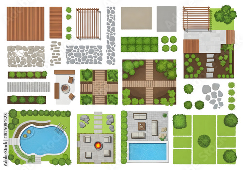 Top View Landscape Design Elements Collection – Garden Layout Plan with Trees, Paths, Patio and Pool Set