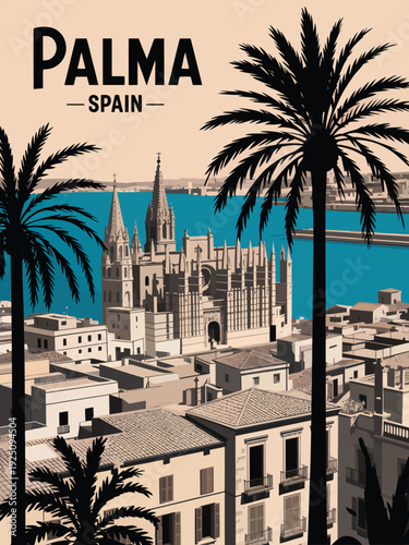 Spain travel poster, retro Palma de Mallorca illustration with detailed Gothic architecture