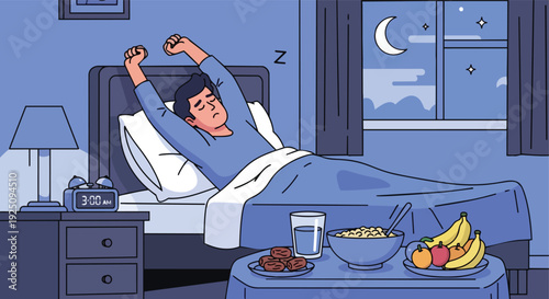Young Muslim Man Waking Up at 3 AM for Suhoor Meal During Ramadan