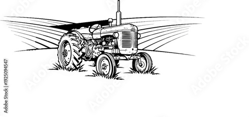 Vintage tractor in a tilled field, drawn with a sketch-like style
