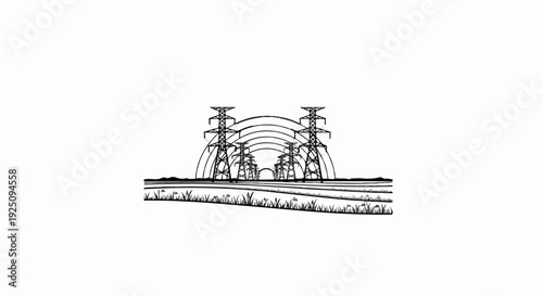 A line drawing of electrical towers stretching into the distance over a field