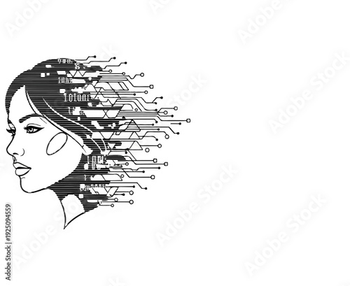 Woman's profile with head transforming into digital circuits and connections