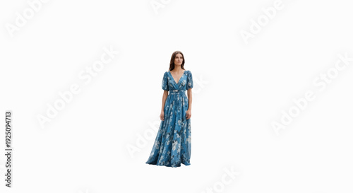 Woman in a blue floral maxi dress with puffed sleeves and V-neck