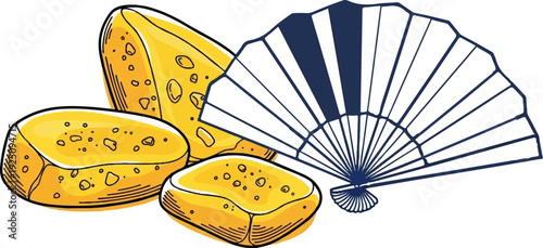 Yellow objects resembling cheese next to a dark blue fan