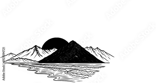 Stylized black and white mountains reflected in water with a dark sun