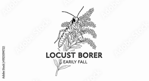 Detailed line art illustration of a locust perched on a sprig of foliage