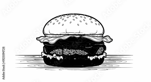 A detailed black and white illustration of a stacked hamburger on a surface
