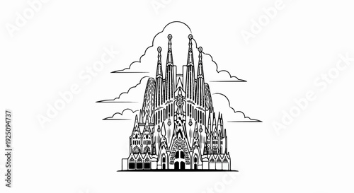 Stylized sketch of a grand, multi-spired basilica with cloudy sky in background