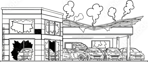 Damaged building with broken windows and cars, smoke rising