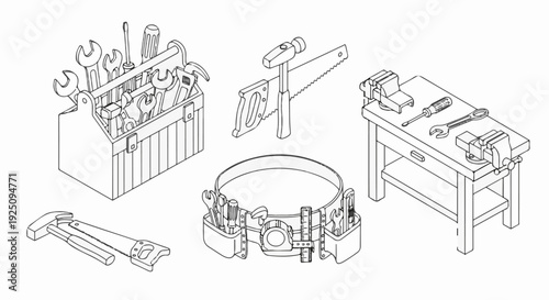 A collection of diverse tools, including a toolbox, workbench, and utility belt