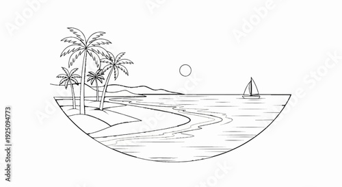 Tropical beach scene with palm trees, sailboat, and sun over the horizon