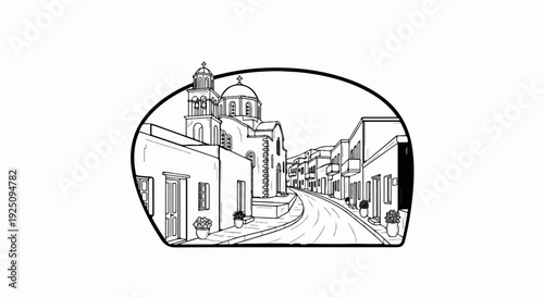 A charming sketch of a Mediterranean village street scene with a church