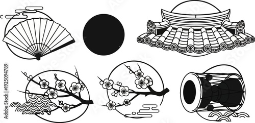 Traditional East Asian decorative elements fan, sun, roof, blossoms, drum