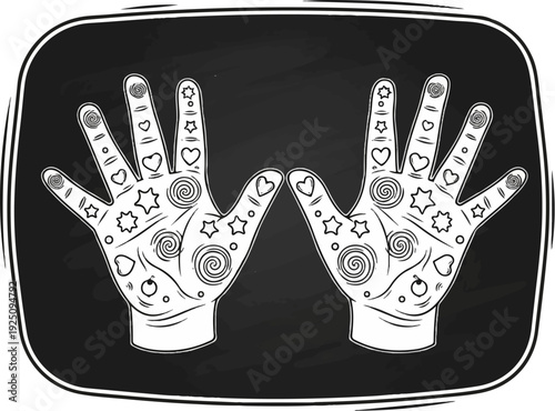 Two open hands with decorative swirling patterns, hearts, and stars