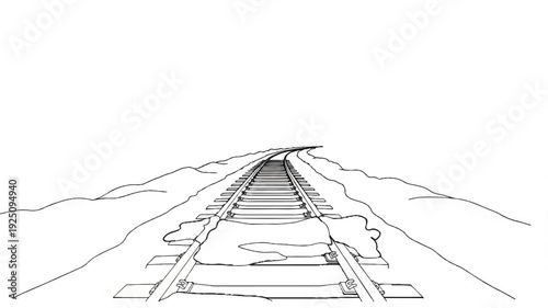 A single-point perspective of empty railroad tracks curving into the horizon
