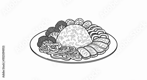 A plate of rice, broccoli, sliced peppers, and meat