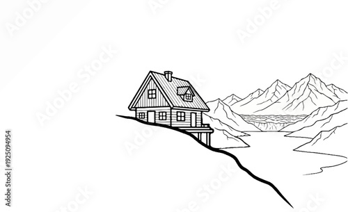 A rustic cabin perches on a hillside overlooking a vast mountain range and a serene lake