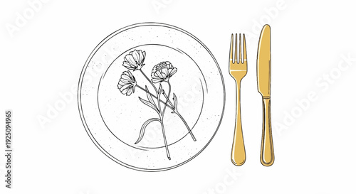 A minimalist, hand-drawn style illustration of a speckled plate with flowers and cutlery