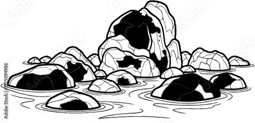 A cluster of rough, textured rocks emerge from rippling water