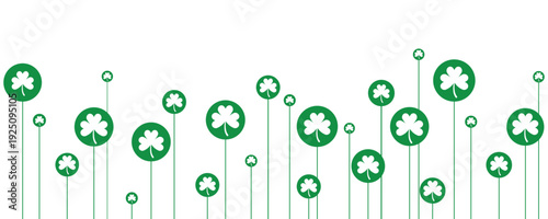 Green clover shamrock pattern on white background with circular shapes and stems. Minimal vector illustration symbolizing luck, St Patrick’s Day celebration and festive decorative backdrop design.