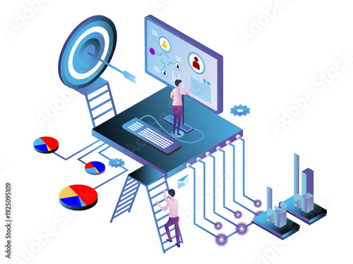 Isometric concept of business data analysis with people on a tech platform.