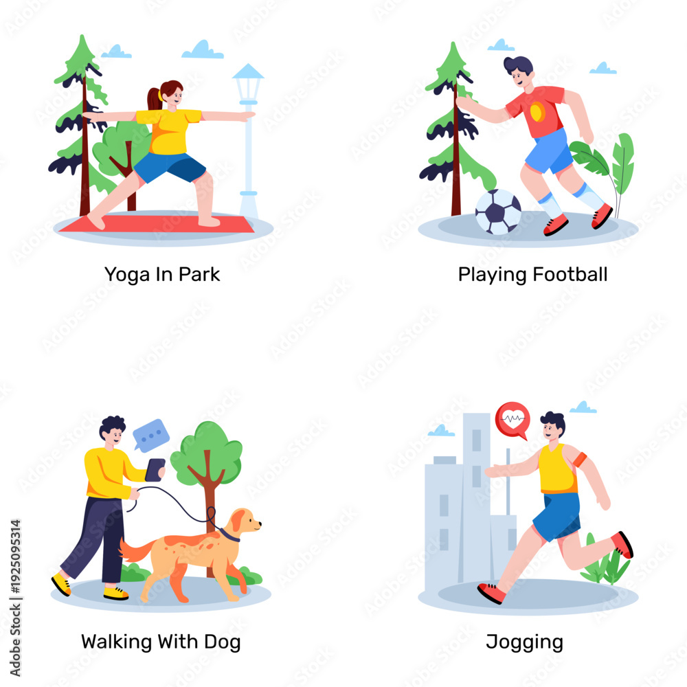 Fototapeta premium Set of Leisure Activities Flat Illustrations