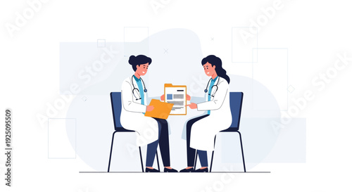 Two doctors discussing medical chart, healthcare team collaboration, modern illustration