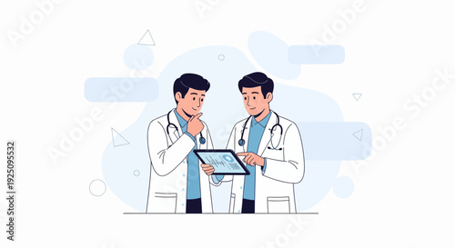Two doctors discussing medical data on a tablet, modern illustration