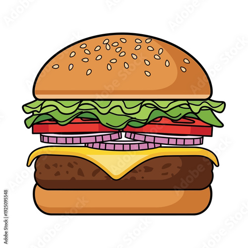 A cartoon cheeseburger with lettuce, tomato, and onion on a sesame seed bun.