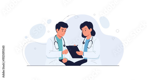 Two doctors in white coats discussing medical chart on clipboard, illustration