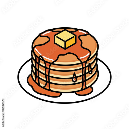 Stack of pancakes with butter and syrup on a white plate.
